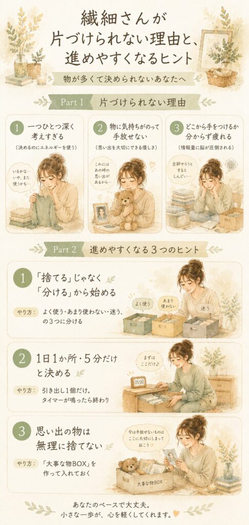 繊細さんが片づけられない理由3つと、進めやすくなるヒント3つをまとめた縦型インフォグラフィック。