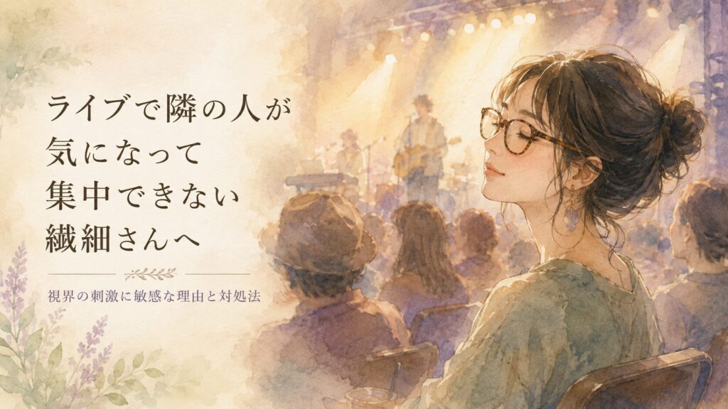 ライブ会場でそっと目を閉じて音楽を感じている女性のイラスト。縁の大きいメガネをかけ、穏やかな表情で会場の温かな照明に包まれている。