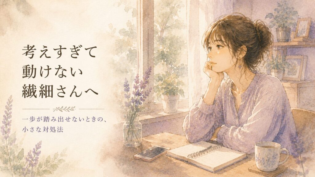 窓辺の机で考えごとをして、なかなか動き出せずにいる女性のイラスト