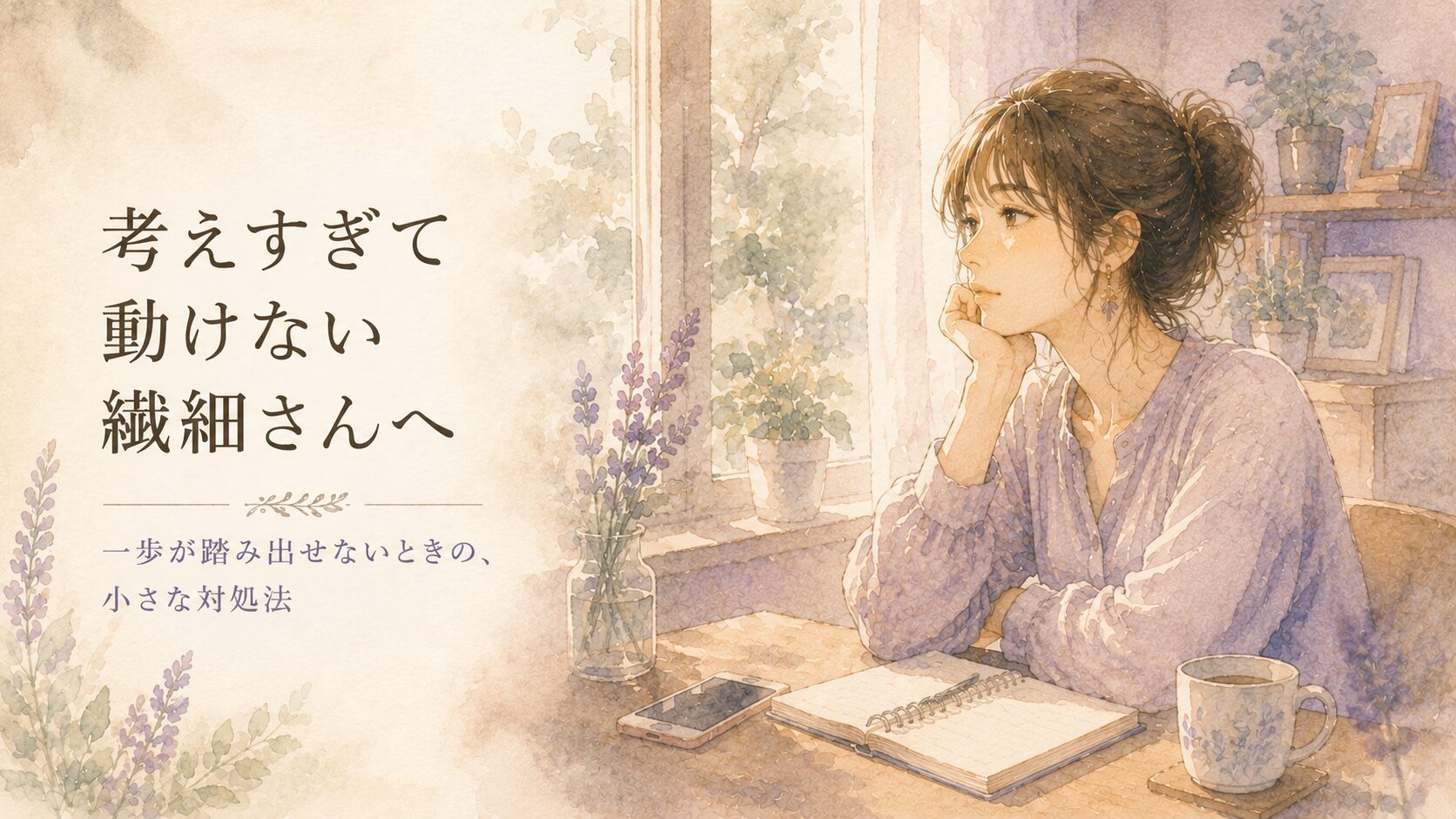 窓辺の机で考えごとをして、なかなか動き出せずにいる女性のイラスト