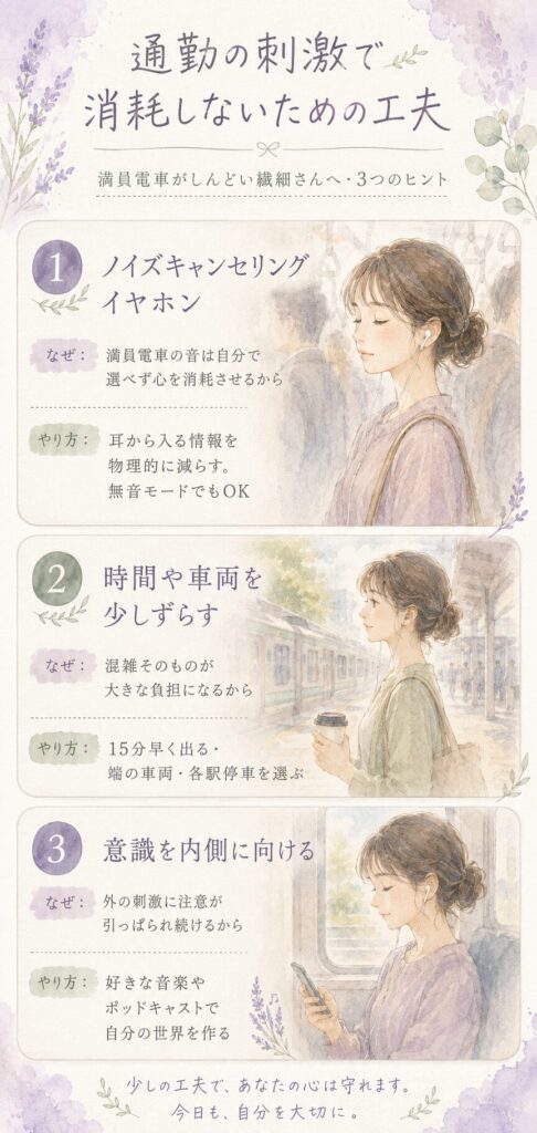 通勤の消耗を減らす3つの工夫(イヤホン・時間や車両をずらす・意識を内側に向ける)をまとめた水彩のインフォグラフィック