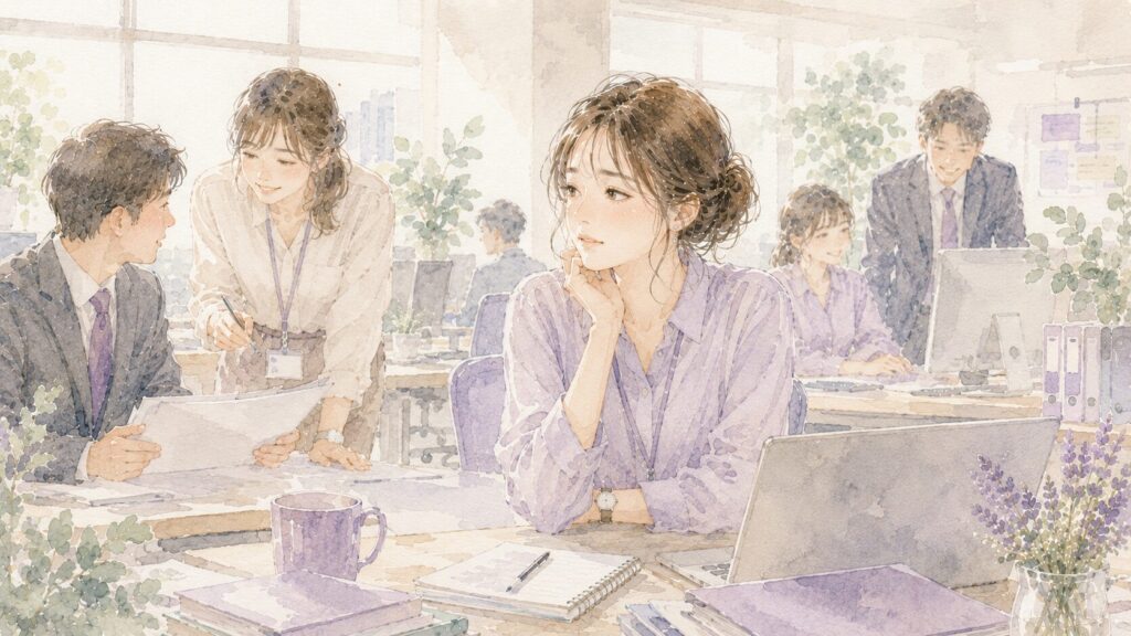 職場で人に気をつかい、少し疲れた表情を浮かべる女性のイラスト
