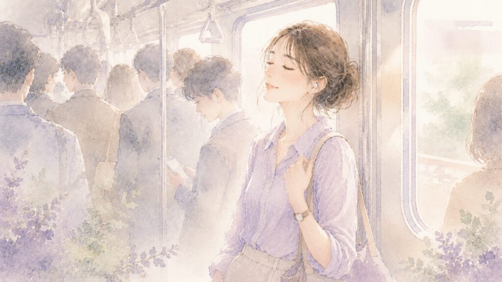 満員電車でイヤホンをして目を閉じ、自分の空間を保つ女性のイラスト