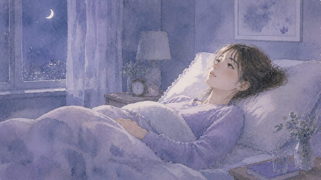 夜、ベッドで眠れずに天井を見つめる女性のイラスト