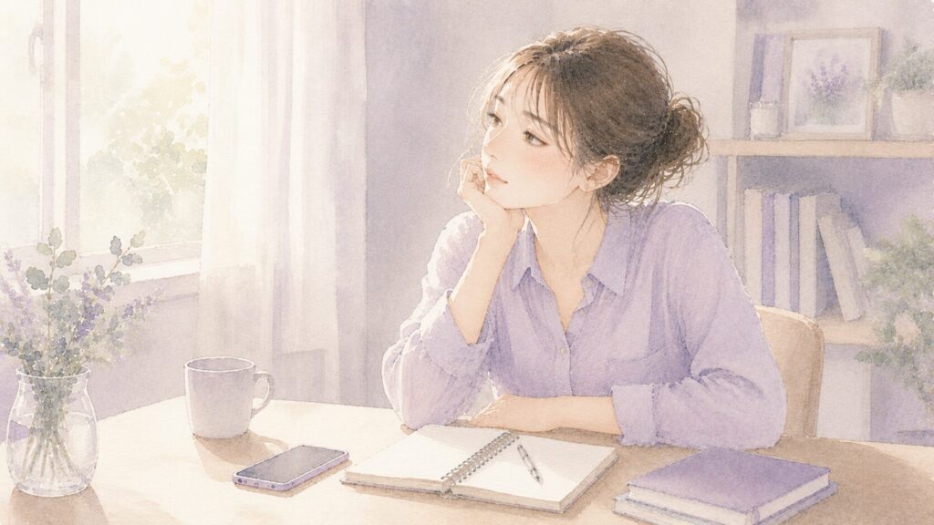 机の前で考えこんで、なかなか動き出せない女性のイラスト