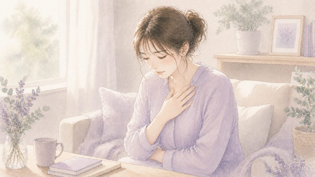 うつむいて胸に手を当て、感情と静かに向き合う女性のイラスト