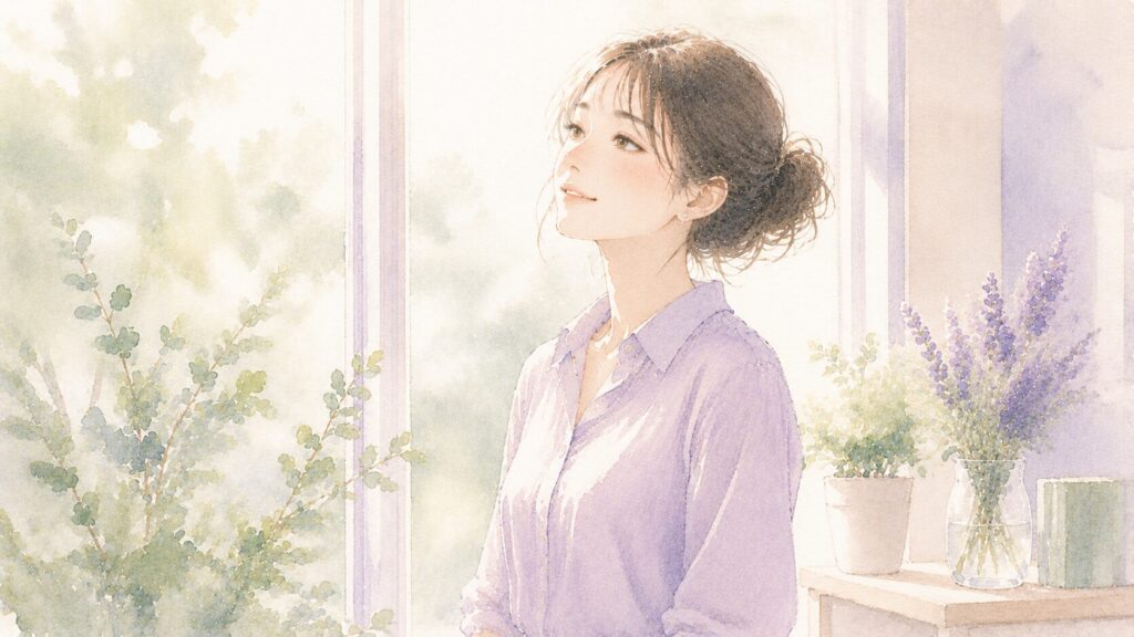 窓辺で前向きにやさしく微笑む女性のイラスト
