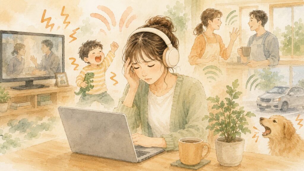 在宅ワーク中、家の生活音に気が散って集中できない繊細さんの女性のイラスト