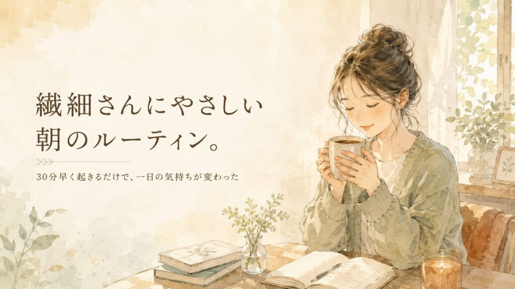 A soft watercolor illustration of a Japanese woman sitting quietly at a table in the early morning, holding a warm cup of coffee with both hands. Soft morning light comes through the window. She looks calm and content. Muted tones — beige, warm orange, sage green. Watercolor style, healing atmosphere. No realistic photos — fully illustrated. Wide landscape format (16:9). Leave space on the left side for Japanese text overlay. Add the following Japanese text on the left side of the image: Main text: 「繊細さんにやさしい朝のルーティン。」 Small text: 「30分早く起きるだけで、一日の気持ちが変わった」
