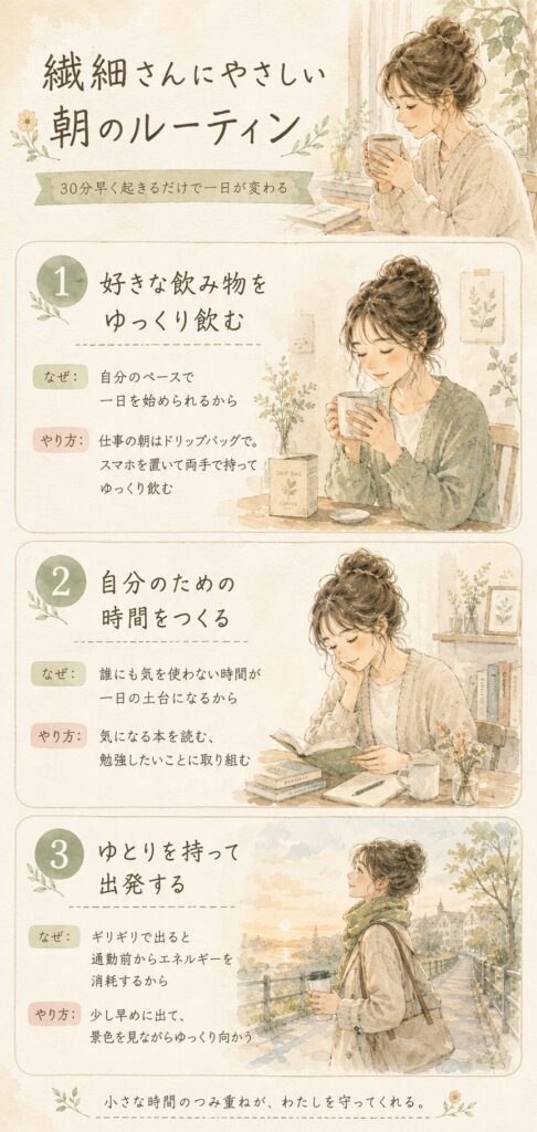 繊細さんにやさしい朝のルーティン3つをまとめた縦型インフォグラフィック。水彩イラスト風のやさしいデザイン。