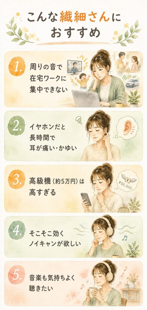 在宅ワーク用ノイズキャンセリングヘッドホンがおすすめな繊細さんの特徴をまとめた水彩インフォグラフィック