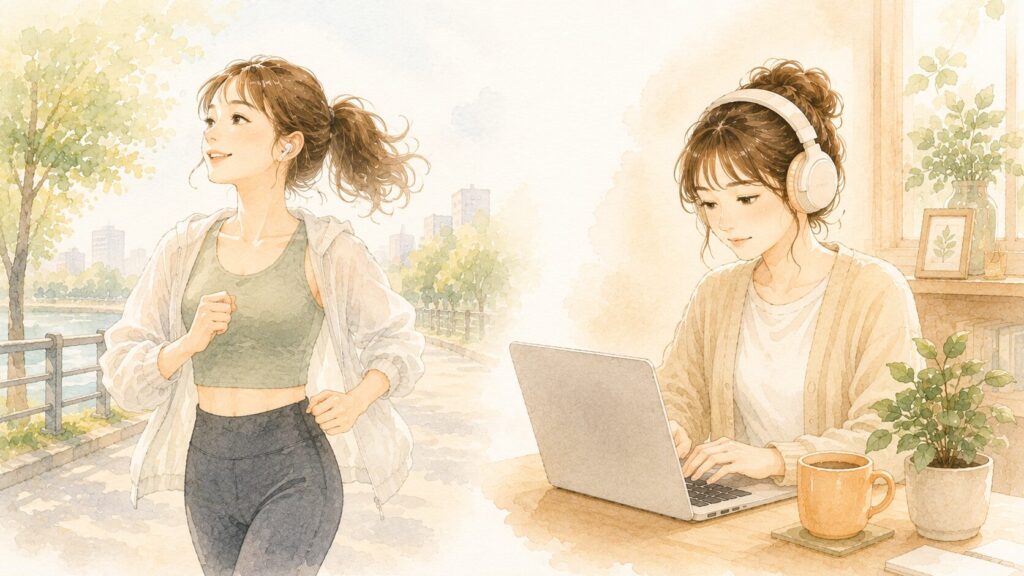 運動着でウォーキング中はイヤホン、在宅ワーク中はヘッドホンと使い分ける繊細さんの女性のイラスト
