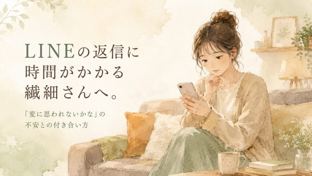 スマホを手に少し迷いながら考え込む女性のイラスト。暖かみのある室内。