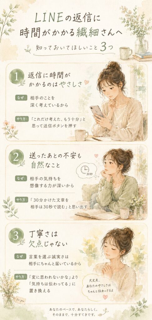 LINEの返信に時間がかかる繊細さんへ、知っておいてほしいこと3つをまとめた縦型インフォグラフィック。