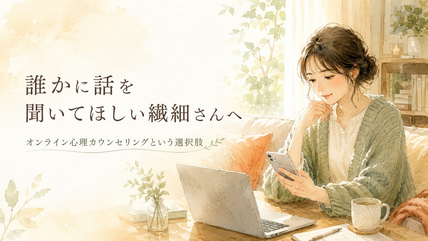 自宅でくつろぎながらスマホを手に、誰かに相談しようとする穏やかな表情の女性のイラスト。あたたかく安心できる雰囲気。