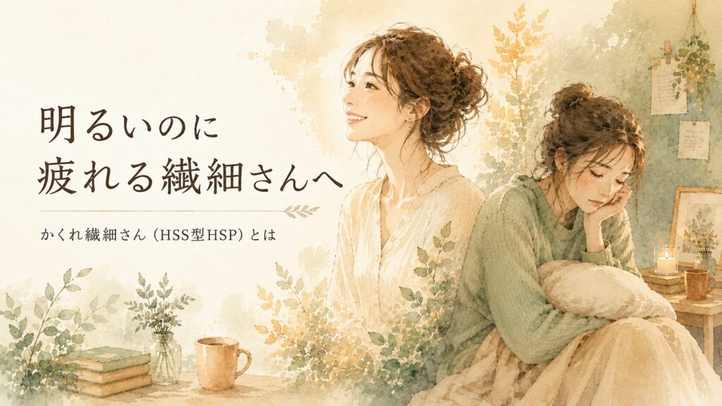 明るくふるまう姿と、静かに疲れている姿を持つ女性のイラスト。「かくれ繊細さん」の二面性を表現。