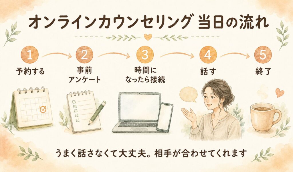オンラインカウンセリング当日の流れ5ステップ（予約・事前アンケート・接続・話す・終了）をまとめた水彩の図解