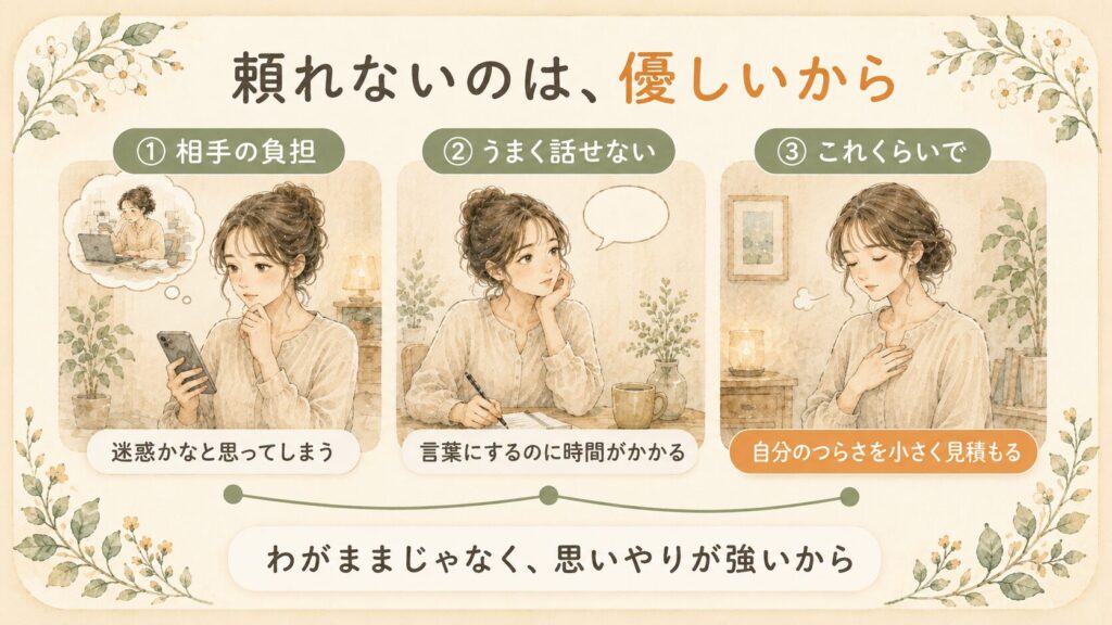 繊細さんが人に頼れない3つの理由（相手の負担・うまく話せない・これくらいでと我慢）をまとめた水彩の図解