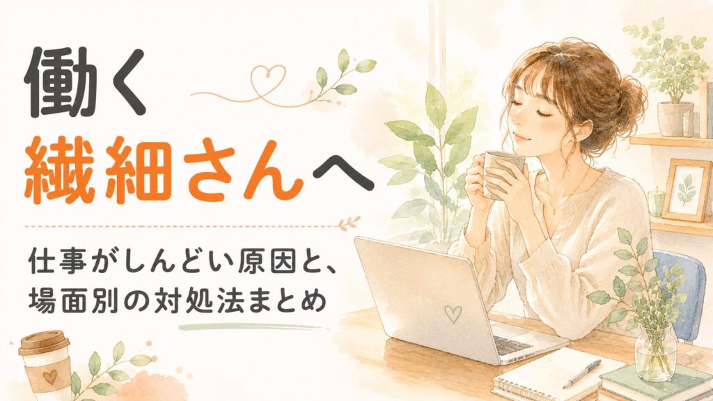 働く繊細さん（HSP）へ。ノートパソコンとコーヒーの前で一息つく女性の水彩イラスト
