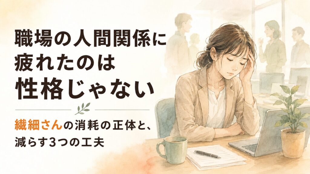職場で気を張って疲れた表情を浮かべる繊細さんの女性の水彩イラスト