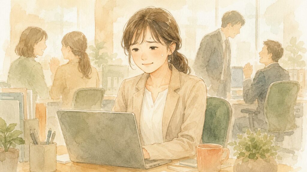 職場で気を張り、まわりの空気に消耗している繊細さんの女性のイラスト