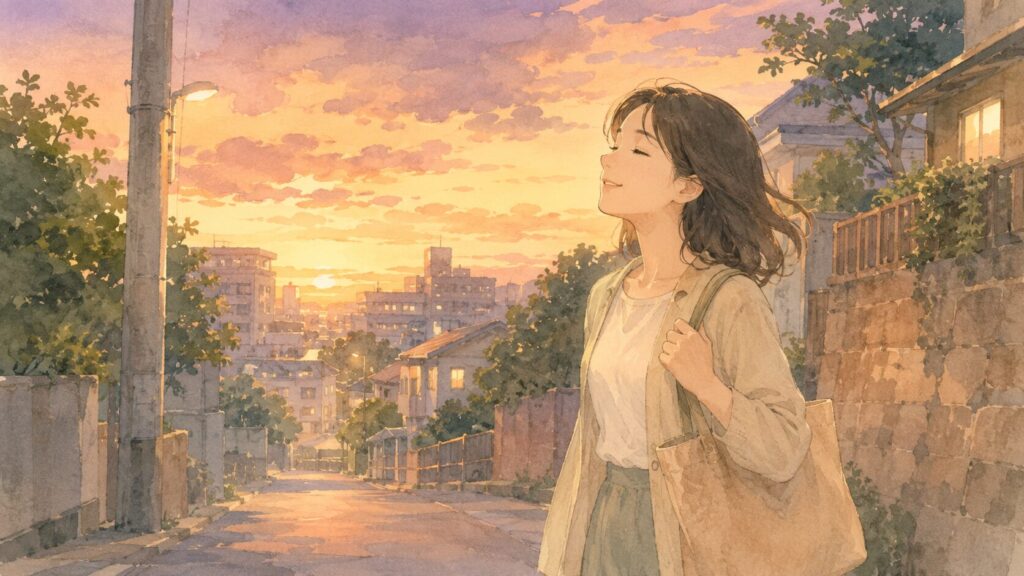 退勤後、夕暮れの道をひとり歩いてほっとしている繊細さんの女性のイラスト