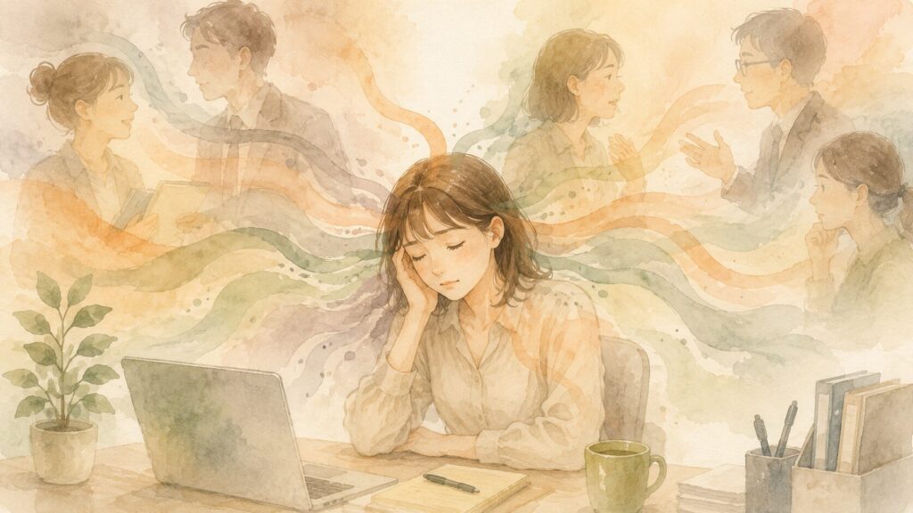 まわりの人の感情を無意識に受け取りすぎて、静かに消耗している繊細さんの女性のイラスト