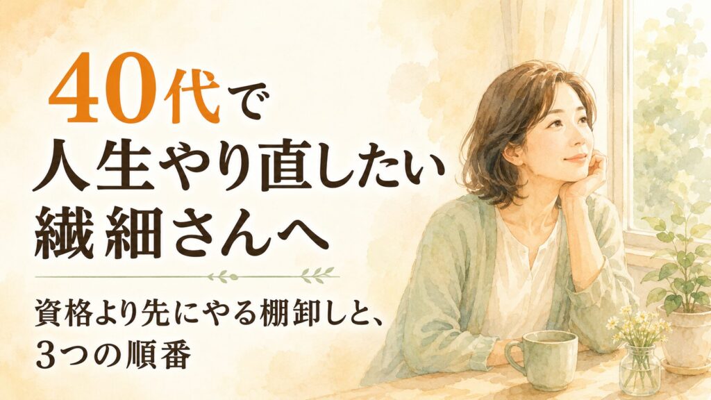 窓辺で前向きに新しい一歩を考える40代の繊細さんの女性の水彩イラスト