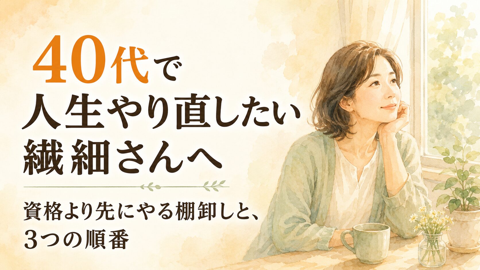 窓辺で前向きに新しい一歩を考える40代の繊細さんの女性の水彩イラスト