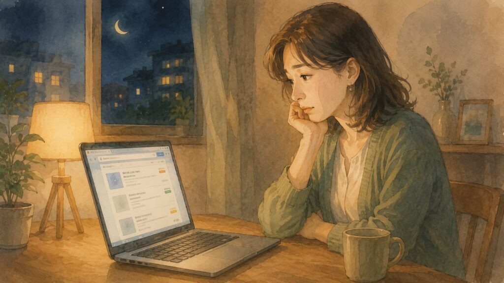 夜、ノートパソコンで求人サイトを見ながら考え込む40代の女性のイラスト