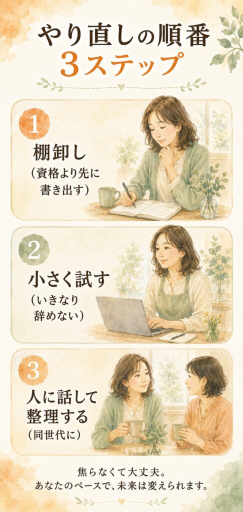 40代のやり直しの順番3ステップ（棚卸し・小さく試す・人に話す）をまとめた水彩インフォグラフィック