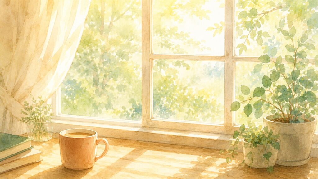 朝の光がやわらかく差し込む窓辺と観葉植物、温かい飲み物の水彩イラスト