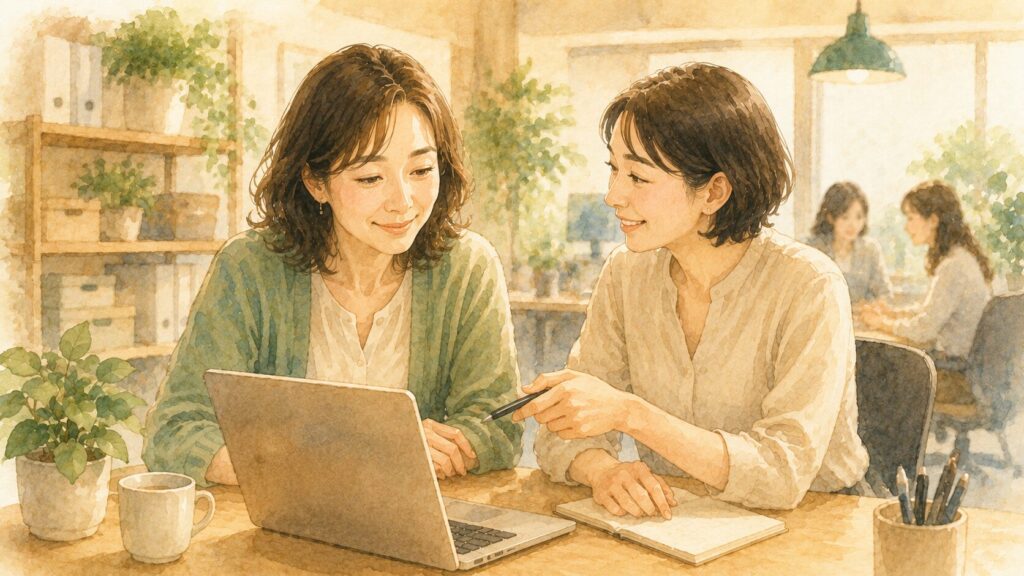 新しい職場に馴染み、先輩に教わりながら生き生きと働く40代・50代の女性のイラスト