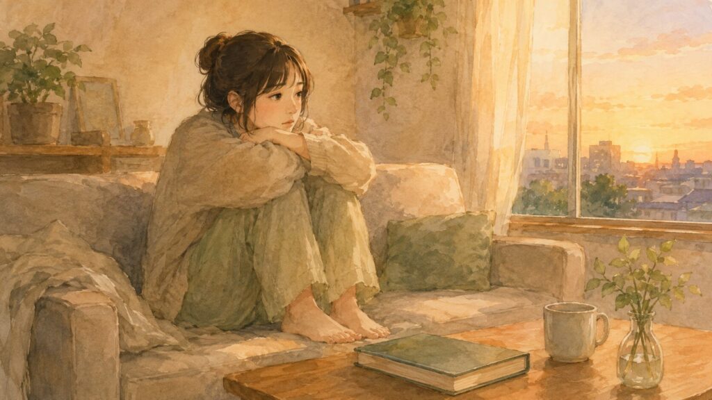 繊細さん、夕方、ソファで膝を抱えてぼんやりし、動けずにいる女性のイラスト