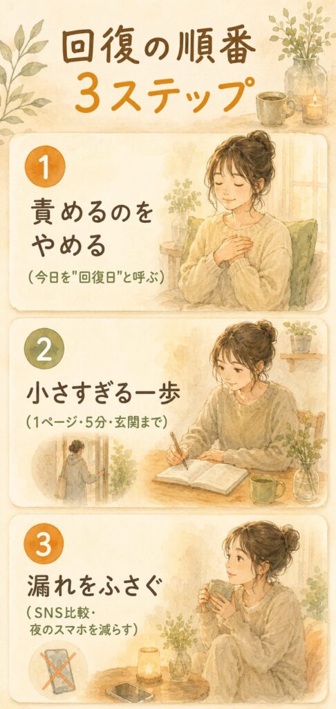 繊細さん、回復の順番3ステップ（責めるのをやめる・小さすぎる一歩・漏れをふさぐ）をまとめた水彩インフォグラフィック