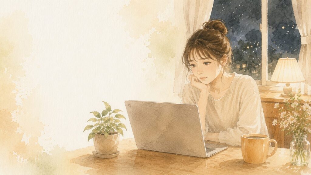 ノートパソコンで「HSPに向いてる仕事」を調べて、考え込む女性のイラスト
