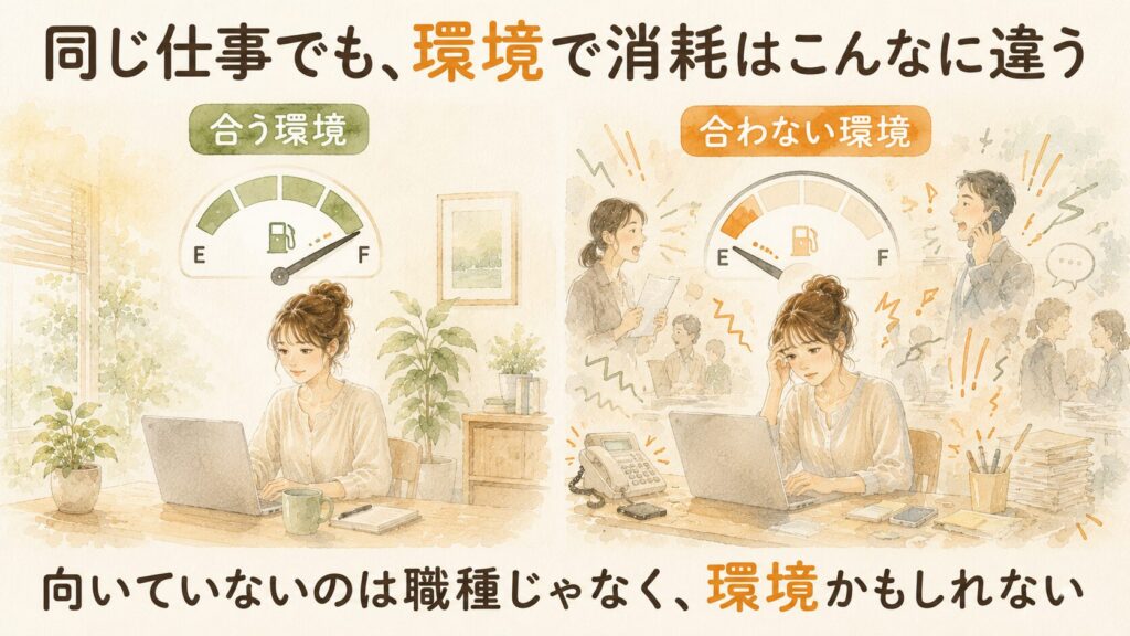 同じ仕事でも、合う環境と合わない環境でエネルギーの減り方が違うことを、燃料計で比べた水彩の図解