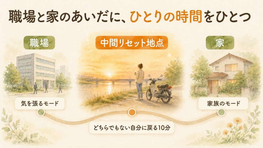 職場と家のあいだに「中間リセット地点」を持つことを描いた、川沿いの夕日と一本道の水彩図解