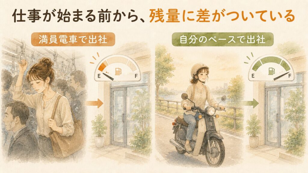 満員電車の出社と自分のペースの出社で、仕事が始まる前のエネルギー残量が違うことを比べた水彩の図解