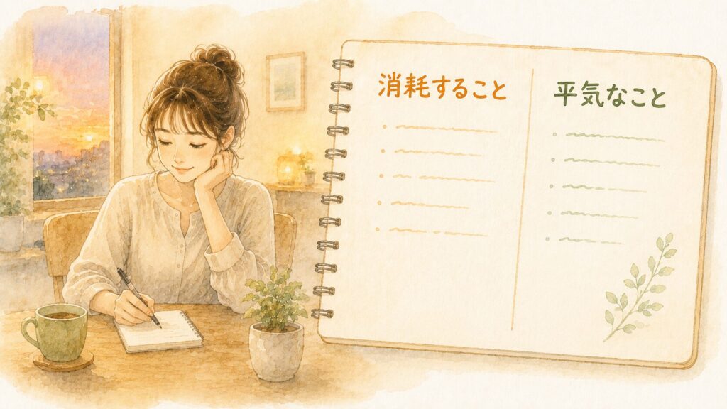 ノートに「消耗すること」「平気なこと」を書き出して、自分の性質を棚卸しする女性の水彩イラスト