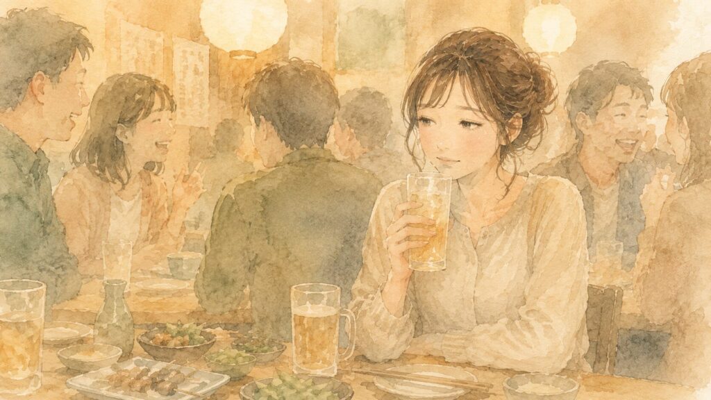居酒屋の飲み会で、愛想笑いをしながら気を張っている繊細さんの女性のイラスト