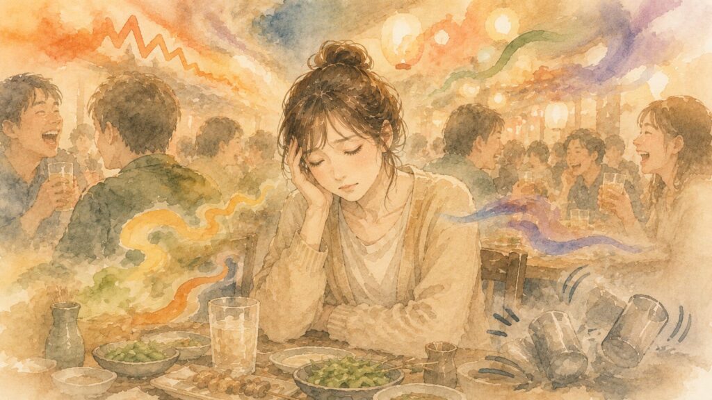 居酒屋の音や光やにおいの刺激を受けすぎて、ぐったり消耗している繊細さんの女性のイラスト