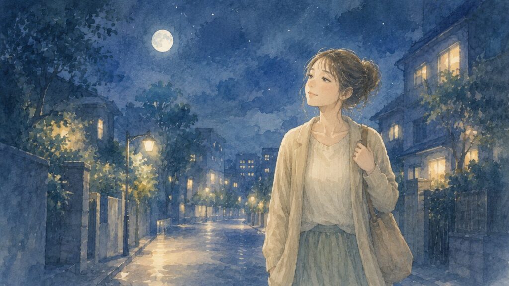 飲み会のあと、月明かりの夜道をひとり歩いてホッとしている女性のイラスト