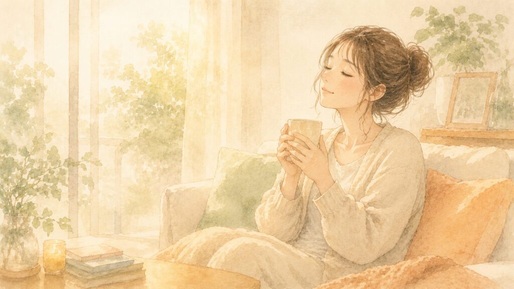 家で穏やかにくつろぎ、自分を受け入れるようにやさしく微笑む繊細さんの女性のイラスト