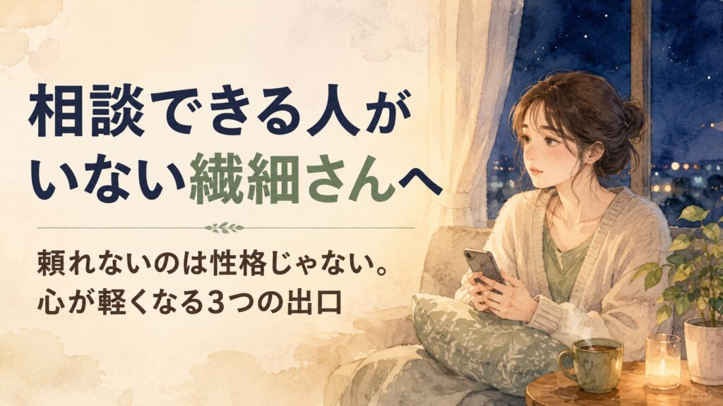 夜、一人で静かにスマホを見つめる繊細さんの女性の水彩イラスト