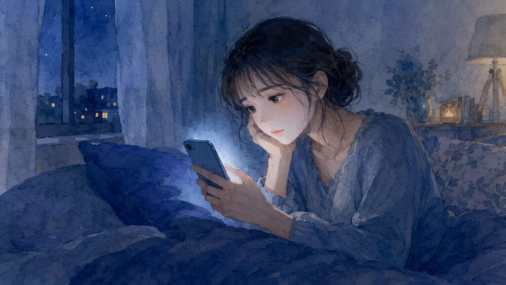 夜、スマホの送れないメッセージ（LINEの下書き）を見つめる繊細さんの女性のイラスト