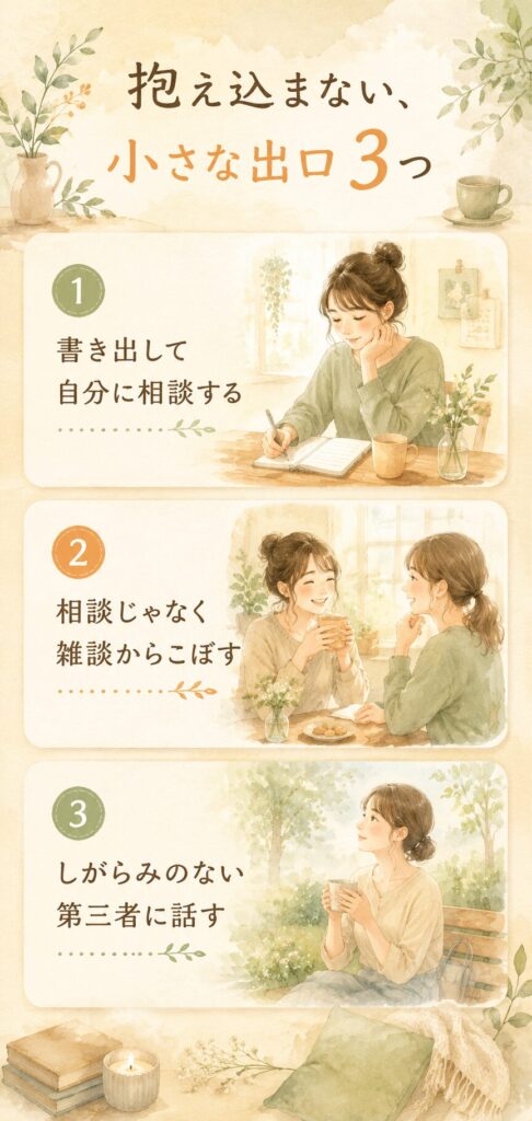一人で抱え込まないための小さな出口3つ（書き出す・雑談・第三者）をまとめた水彩インフォグラフィック