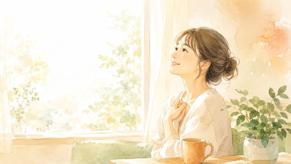 朝の光の中で、肩の力が抜けて少しほっとした表情を浮かべる繊細さんの女性のイラスト