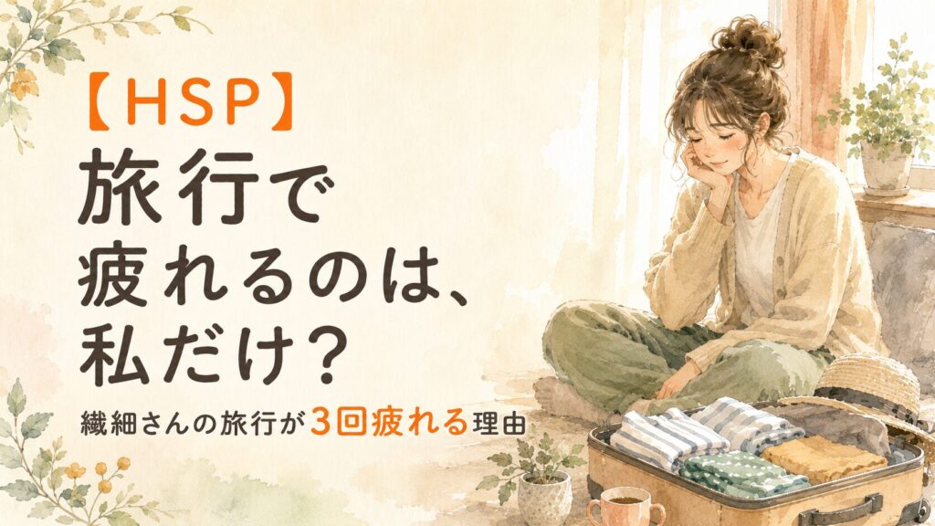 荷造りの途中で座り込み、出発前から疲れている繊細さん（HSP）女性の水彩イラスト
