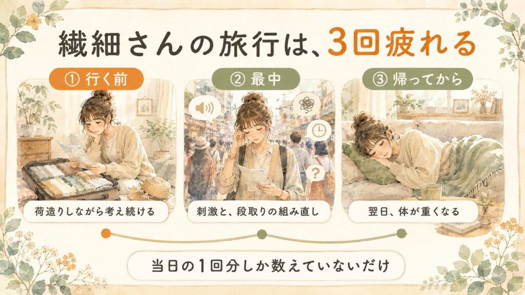 繊細さんの旅行が「行く前・最中・帰ってから」の3回疲れることを表した水彩の図解